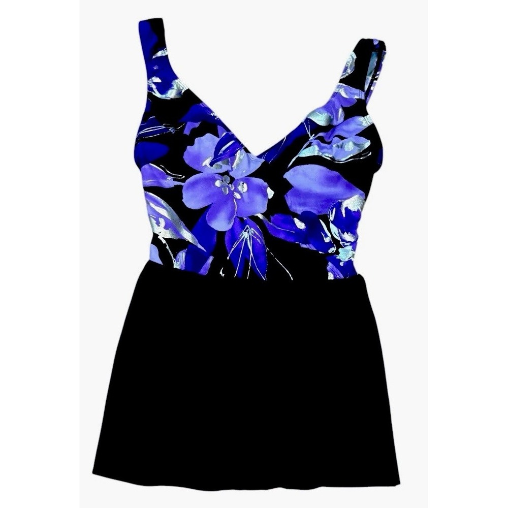 Longitude Swimsuit Womens 8 One Piece‎ Tummy Control Skirt Black Purple Shiny
